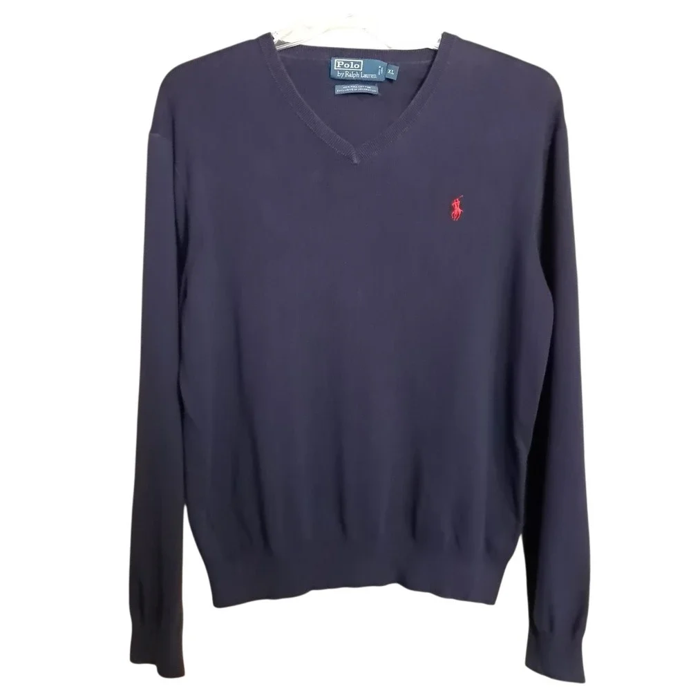 Polo Ralph Lauren Men's Long Sleeve Sweater V-Neck 100% Pima Cotton Navy Blue XL